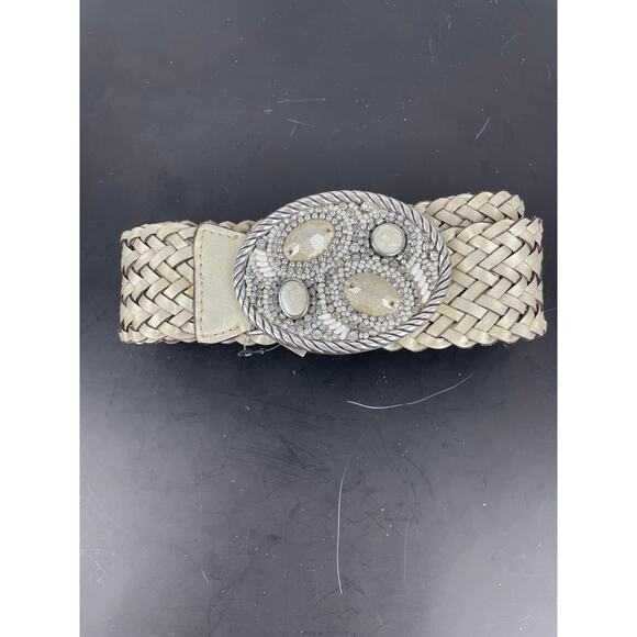Chico\'s Braided Leather Belt Metallic w/Beaded Rhinestone Buckle NWT Sz L main image 4